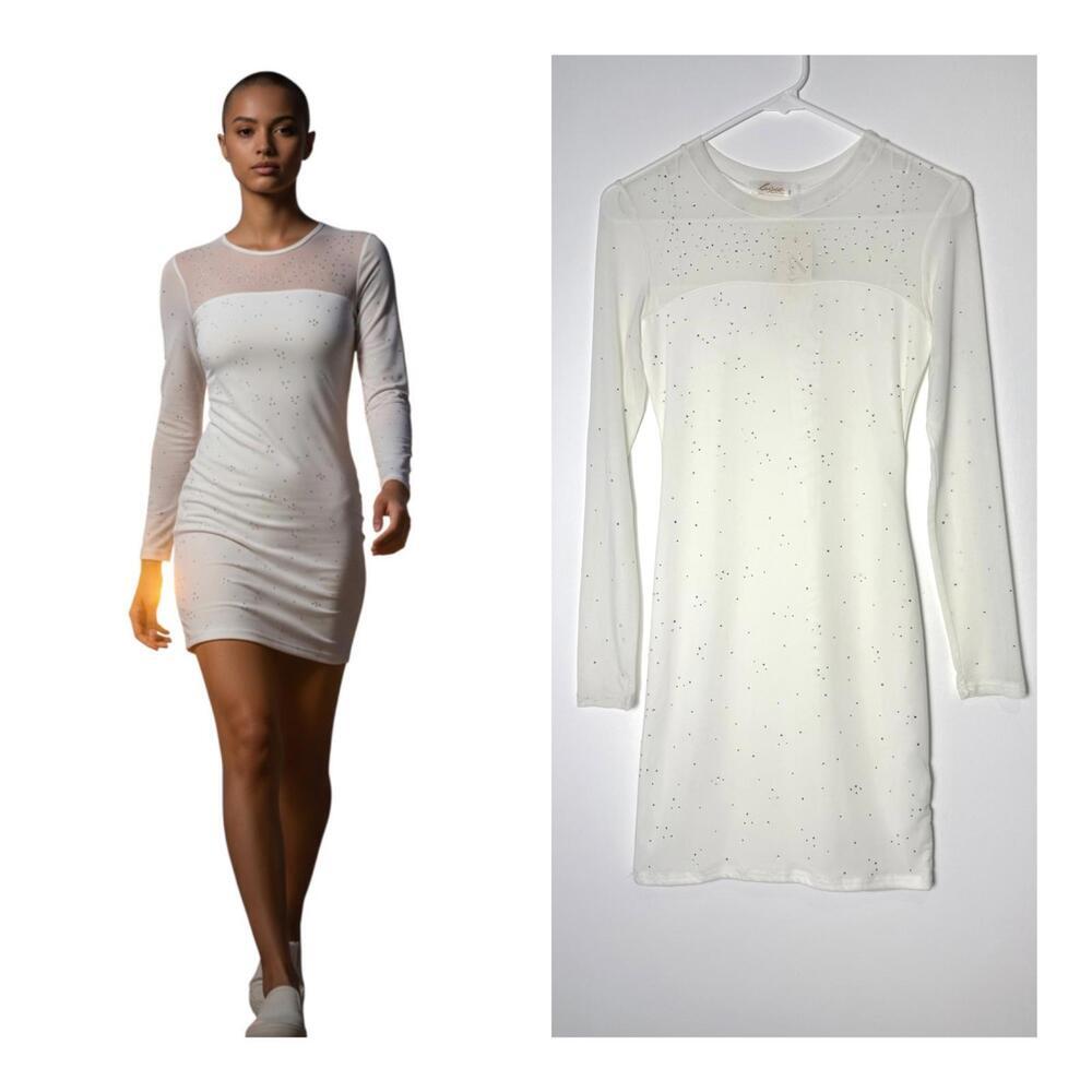 Luxe Mesh Rhinestone White Mini Dress NWT